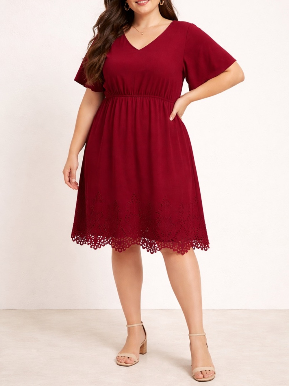 BloomChic Maroon V-Neck Midi Dress with Laser-Cut Hem